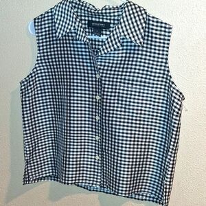 Vintage Black and White Gingham Sleeveless Button Down Cropped 100% Silk Top M